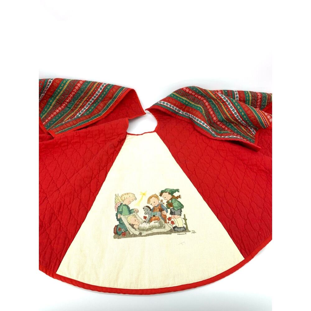 Vintage 80s Hummel Cross Stitch Christmas Tree Skirt Hand Made Completed **READ*